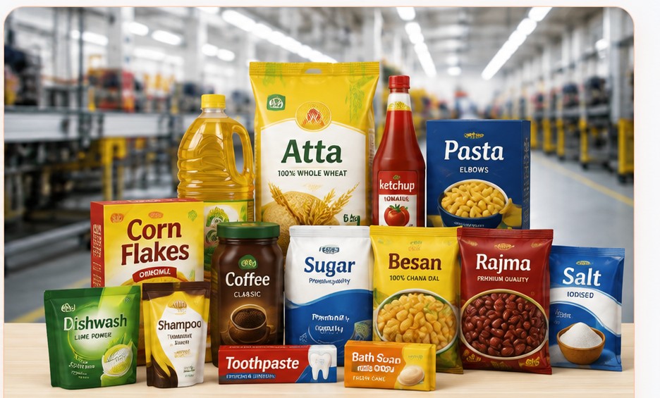 Real FMCG products — atta, oil, sugar, besan, rajma, salt and more